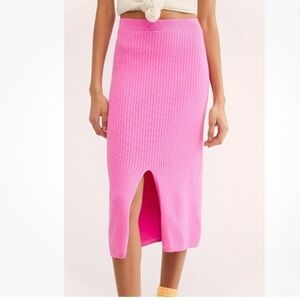 New Free People Skyline Ribbed Midi Skirt with Slit in Pink Fireworks Size S